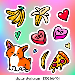 Fashion patch badges with corgi dog, pizza, banana and other elements. Vector illustration isolated on holographic background. Cool set of stickers, pins, patches.