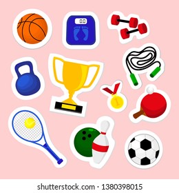 Fashion patch badges with cup, tennis ball, soccer, basketball, medal and other. Very large set of girlish and boyish stickers, patches in cartoon isolated.Trendy print for backpacks, things, clothes