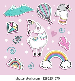 Fashion patch Badges with cute llama, rainbow, diamond on a pink background