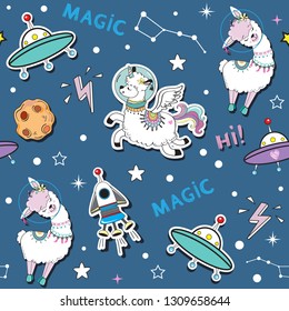 Fashion patch Badges with cute space llama and space rocket seamless pattern on a blue background