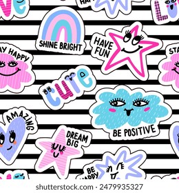 Fashion patch badges in cute style. Abstract seamless pattern with Colorful Hearts, cloud,  rainbow, word, on repeated stripes background. Happy face