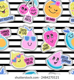 Fashion patch badges in cute style. Abstract seamless pattern with Colorful funny fruits with smile, slogan word, on repeated stripes background.