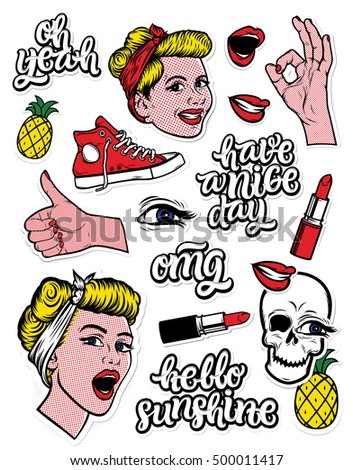 Fashion patch badges with cute young girls, smiling woman face, "Have a Nice Day", "Hello Sunshine", "OMG", "Oh Yeah", red keds, lips, lipstick and other elements. Vector trendy illustration.

