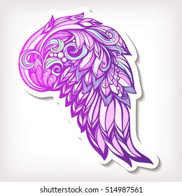 Fashion patch badges with decorative angel or bird wings. This illustration can be used as a greeting card or as a print on T-shirts, bags, tattoo, badges or patch. Stock line vector illustration.