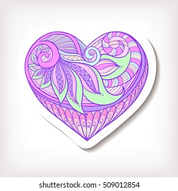 Fashion patch badges with decorative patterned colored love heart. Stock line vector illustration.