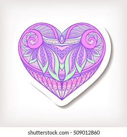Fashion patch badges with decorative patterned colored love heart. Stock line vector illustration.