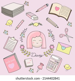 diary pastel de moda parche insignia equipo de papelería ilustración vectorial cartoon clipart lindo	