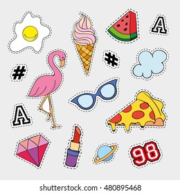 Fashion patch badges with different elements. Set of stickers, pins collection in cartoon 80s-90s comic style. Trend. Vector illustration isolated.