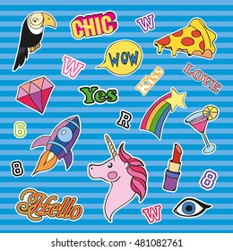 Fashion patch badges with different elements. Set of stickers, pins, patches and handwritten notes collection in cartoon 80s-90s comic style. Trend. Vector illustration isolated.
