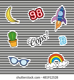 Fashion patch badges with different elements. Set of stickers, pins, patches and handwritten notes collection in cartoon 80s-90s comic style. Vector illustration isolated. Vector clip art.