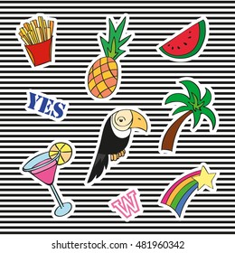 Fashion patch badges with different elements. Set of stickers, pins, patches and handwritten notes collection in cartoon 80s-90s comic style. Vector illustration isolated. Vector clip art.