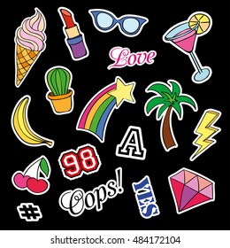 Fashion patch badges with different elements. Set of stickers, pins, patches and handwritten notes collection in cartoon 80s-90s comic style. Vector illustration isolated. Vector clip art.