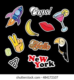 Fashion patch badges with different elements. Set of stickers, pins, patches and handwritten notes collection in cartoon 80s-90s comic style. Vector illustration isolated. Vector clip art.