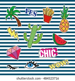 Fashion patch badges with different elements. Set of stickers, pins, patches and handwritten notes collection in cartoon 80s-90s comic style. Vector illustration isolated. Vector clip art.