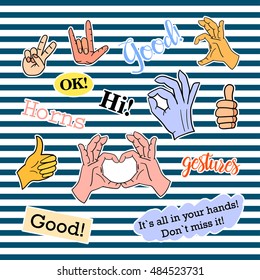 Fashion patch badges with different elements. Set of stickers, pins, patches and handwritten notes collection in cartoon 80s-90s comic style. Vector illustration isolated. Vector clip art.