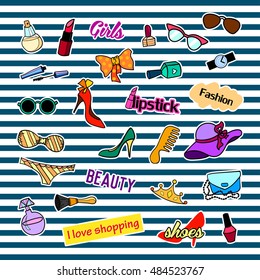 Fashion patch badges with different elements. Set of stickers, pins, patches and handwritten notes collection in cartoon 80s-90s comic style. Vector illustration isolated. Vector clip art.