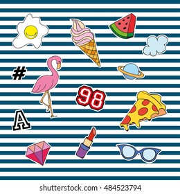 Fashion patch badges with different elements. Set of stickers, pins, patches and handwritten notes collection in cartoon 80s-90s comic style. Vector illustration isolated. Vector clip art.