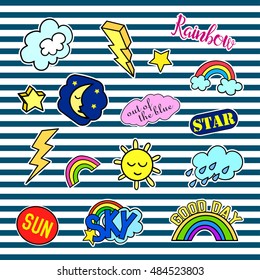 Fashion patch badges with different elements. Set of stickers, pins, patches and handwritten notes collection in cartoon 80s-90s comic style. Vector illustration isolated. Vector clip art.