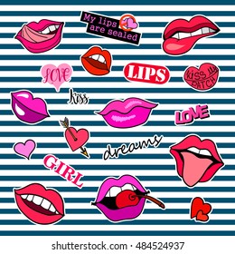 Fashion patch badges with different elements. Set of stickers, pins, patches and handwritten notes collection in cartoon 80s-90s comic style. Vector illustration isolated. Vector clip art.