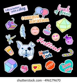 Fashion patch badges with different elements. Set of stickers, pins, patches and handwritten notes collection in cartoon 80s-90s comic style. Vector illustration isolated. Vector clip art.