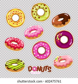 Fashion patch badges with different types of donuts with caramel and sweets. Set of stickers and patches with candies in cartoon 80-90s comic style. Vector illustration