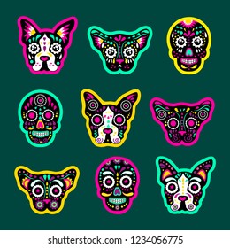 Fashion patch badges with dogs, bulldog, Skulls, calavera, and other. Very large set of girlish and boyish stickers, patches in cartoon isolated.Trendy stickers print for backpacks, things, clothes