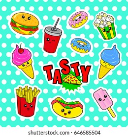 Fashion patch badges with drink, fast food, donuts, ice cream, burger and other. Very large set of girlish and boyish stickers, patches in cartoon isolated.Trendy print for backpacks, things, clothes