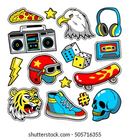 Fashion patch badges with eagle, tiger, skateboard, tape recorder, skull, etc. Vector illustration isolated on white background. Set of stickers, pins, patches in cartoon 80s-90s pop-art comic style.