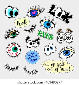 Fashion patch badges. Eyes set. Stickers, pins, patches and handwritten notes collection in cartoon 80s-90s comic style. Trend. Vector illustration isolated. Vector clip art.