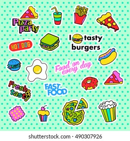 Fashion patch badges. Fast food set. Stickers, pins, patches and handwritten notes collection in cartoon 80s-90s comic style. Trend. Vector illustration isolated. Vector clip art.
