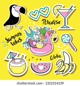 Fashion patch badges with flamingo and summer items on a yellow background