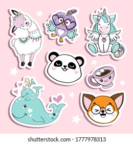 Fashion patch badges with funny animals. Unicorn, lama, panda and owl on a pink background