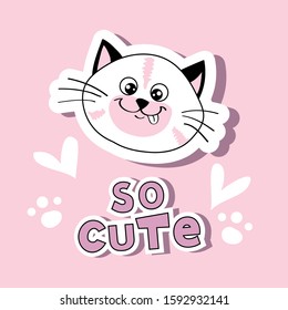 Fashion patch badges with funny head cat and inscription so cute on a pink background