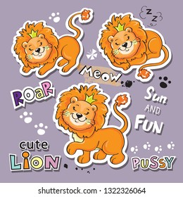 Fashion patch badges with funny lions. Cute lions set with inscriptions on a grey background