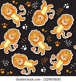 Fashion patch badges with funny lions on a black background seamless pattern