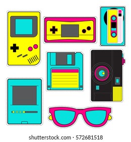 Fashion patch badges with game, photo camera, floppy disk, cassette tape, computer etc. vector illustration, set of stickers , pins, patches in cartoon 80s-90s pop- art comic style.