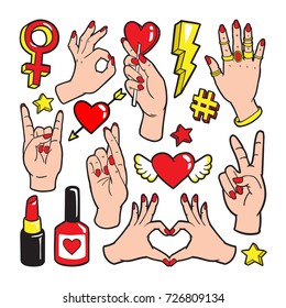 Fashion patch badges with gestures of hands, hearts and other elements. Vector illustration isolated on white background. Set of stickers, pins, patches in trendy 80s-90s style.