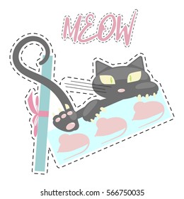 Fashion patch badges with Gift with cute black Kitten isolated on white background.  Character of cat for Valentines day congratulation in cartoon 80s-90s pop-art style.. Vector illustration eps 10