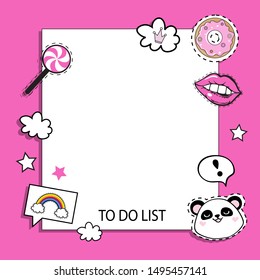 Fashion patch badges with girl items and to do list blank form template card on a pink background