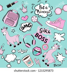 Fashion Patch Badges with girl pink items and pink llama. Pop art elements seamless pattern on a blue background