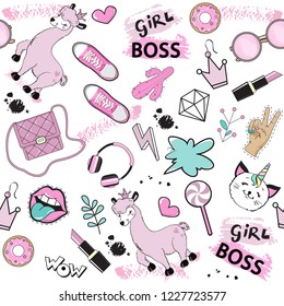 Fashion Patch Badges with girl pink items and pink llama. Pop art elements seamless pattern on a white backgroun