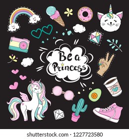 Fashion Patch Badges with girl pink items and unicorn. Pop art elements on a black background