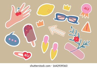 Fashion patch badges with hand, lemon, glass, ice creem, crown, 
slippers, patch with branch, arrow, attention sign and other. Very large set of stickers, patches on a beige background.