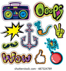 Fashion patch badges with hands ok, victory, record player, mustache, anchor, wow, explosive, tobacco pipe and other elements. Set of stickers hipsters for boy, patches in cartoon style