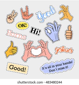 Fashion patch badges. Hands set. Stickers, pins, patches and handwritten notes collection in cartoon 80s-90s comic style. Trend. Vector illustration isolated. Vector clip art.