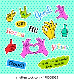 Fashion patch badges. Hands set. Stickers, pins, patches and handwritten notes collection in cartoon 80s-90s comic style. Trend. Vector illustration isolated. Vector clip art.