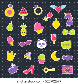 Fashion patch badges with heart, ice-cream, panda, unicorn, fruit, crown and other elements. Vector set of stickers, pins, patches in pop art 80s and 90s style 