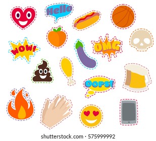 Fashion Patch Badges with Heart, Speech Bubbles, Fire, Eggplant, Peach, Hands. Vector Illustration Isolated on White Background. Set of Stickers, Pins, Patches in Cartoon Comic Style.
