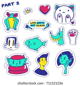 Fashion patch badges with heart,cat, frog, shark, dog and other elements. Set of stickers in cartoon style.