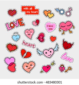 Fashion patch badges. Hearts set. Stickers, pins, patches and handwritten notes collection in cartoon 80s-90s comic style. Trend. Vector illustration isolated. Vector clip art.